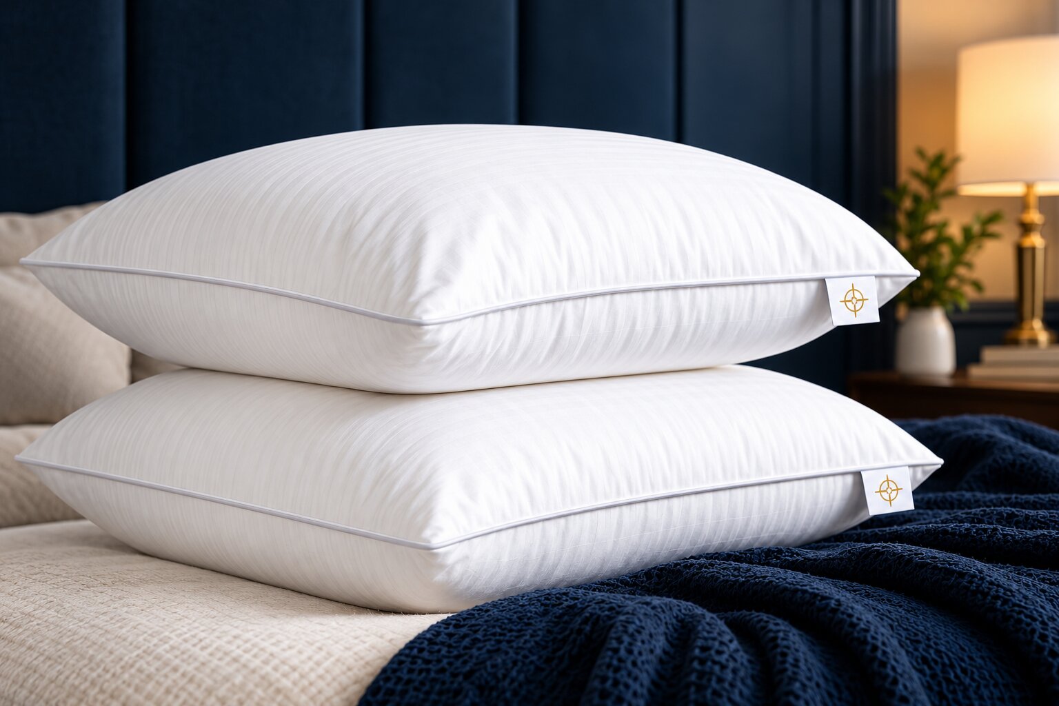Two Northcroft down-alternative pillows on a navy bed